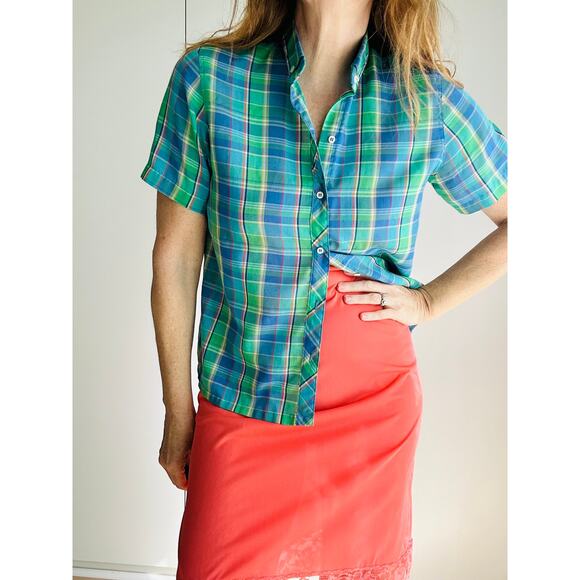 Vintage Blouse Plaid Womens Size Small Summer Vibes Cotton Twee Prep - Picture 6 of 8